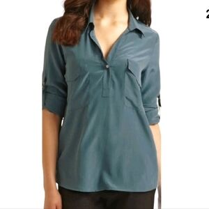 Eileen Fisher 100% Silk Blouse Popover Roll Tab Sleeves Blue Collared Top Size L